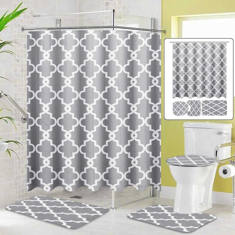 

Abstract Geometric Bathroom Shower Curtain Waterproof Pedestal Rug Lid Bath Carpet Toilet Cover Bath Mat Set