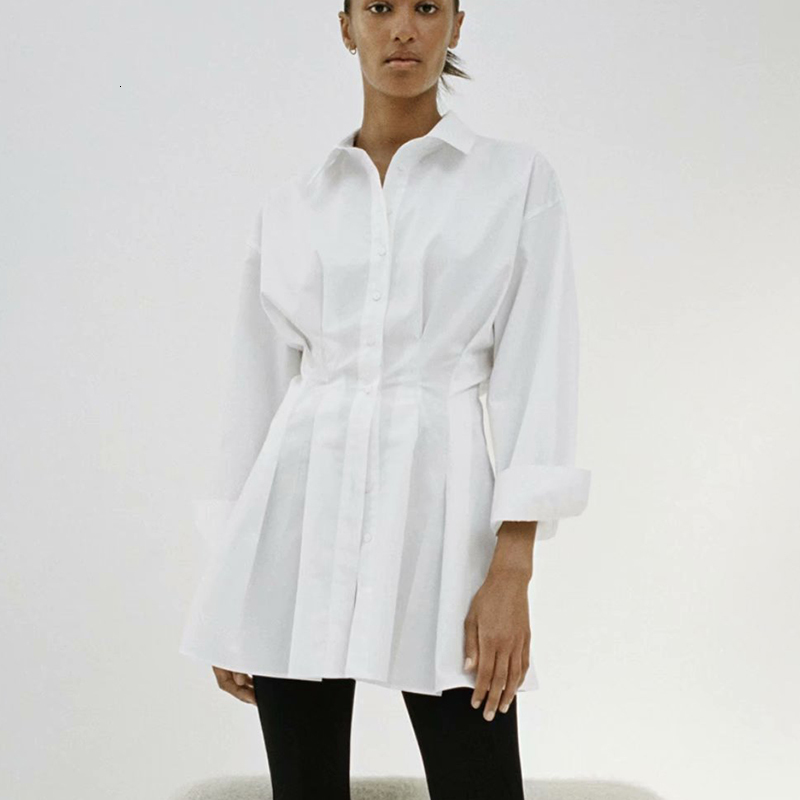 

2021 New Spring Summer Women Es Elegant Long Shirts Turn Down Collar Solid A-line Mini Party Lantern Sleeve Zd2f