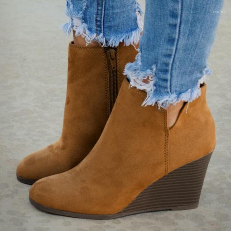 

Fashion Women Suede Wedges Zipper Solid Color Short Booties Round Toe Shoes High Heels Booties Woman Bota Feminina chaussures1, Brown