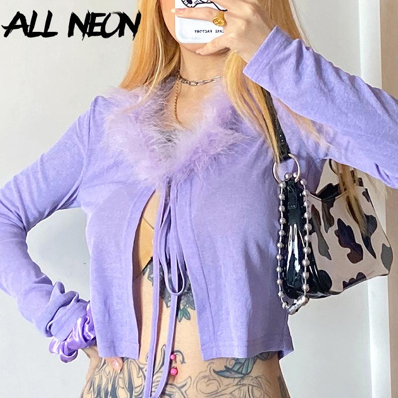 

ALLNeon E-girl 90s Streetwear Feather Neck Bandage Sleeveless Purple Tops Sweet Vintage Solid Lace up T-shirts Party Outfit Fall, Violet