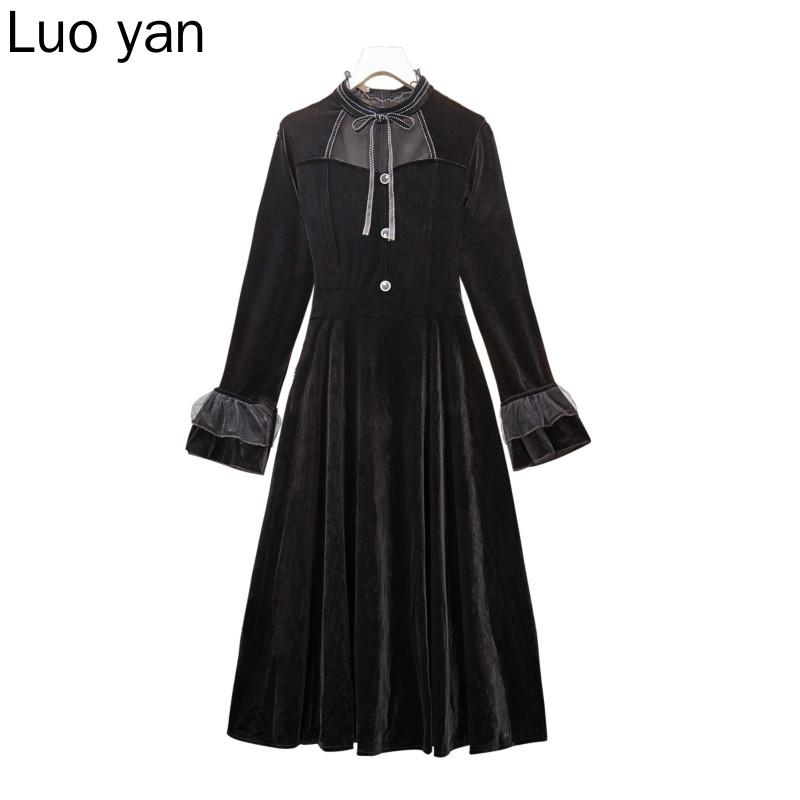 

Plus Size Women Vintage Velvet Long Dress Autumn Winter 2020 Mesh Patchwork Long Sleeve High Waist Black Dresses for Women Robe