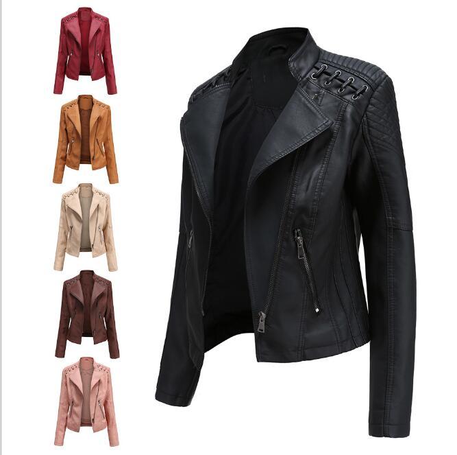 

New 2020 high-quality slim autumn women' leather jacket thin section small jacket ladies PU motorcycle suit, Camel