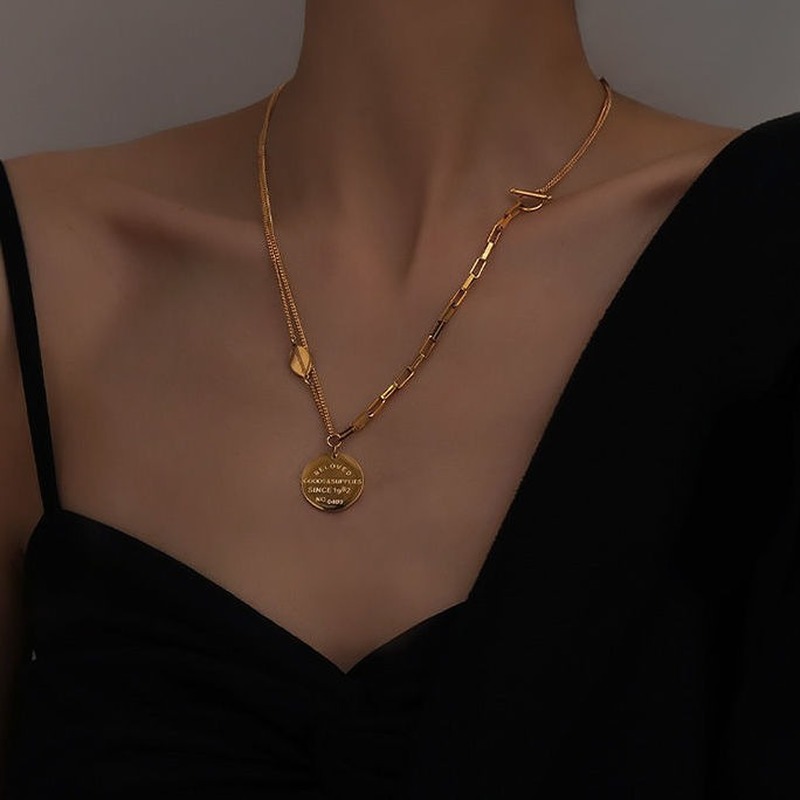 

Fading Bath Light Luxury Double T Buckle Round Necklace Female Ins Tide Temperament Clavicle Chain Variable Sweater Chain