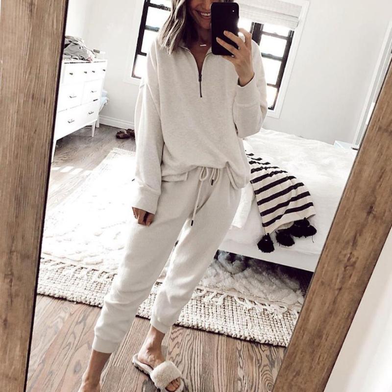 

2020 Spring Autumn Pajamas Sets Ladies Solid Color Zipper Top Casual Drawstring Trousers Home Two-Piece Suit Female Sleepwear, White