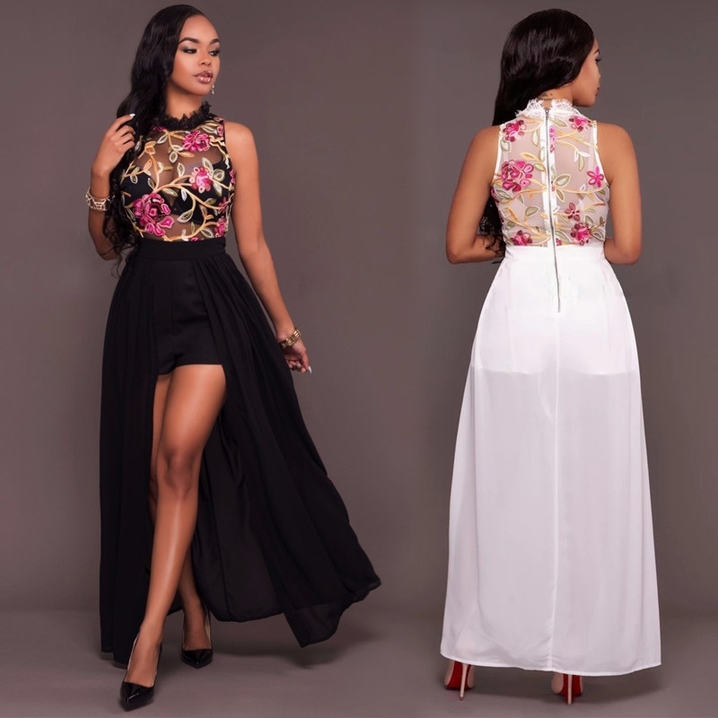 

Women Elegant Long Jumpsuit Overalls New Fashion Sexy Sheer Mesh Embroidery Summer Jumpsuit Chiffon Club Party Women Romper Y200904, Pink