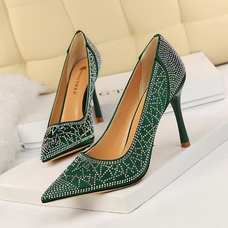 

BIGTREE High Heels 9.5cm Green Pumps High Heels Wedding Shoes Diamonds Silk Pumps Bridal Shoes Estiletos Mujer Women1, Pink