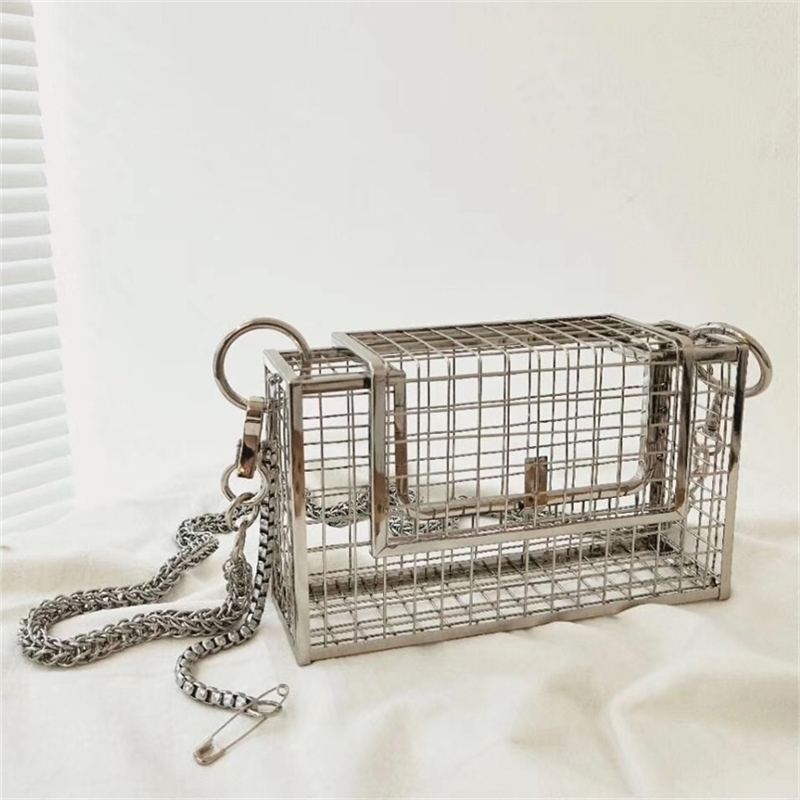 

INS Hollow Out Clutch Bird Women Handbag Tote Metal Cage Girls Top-Handle Bags Purse Fashion Party Pouch Evening Bag Y201224