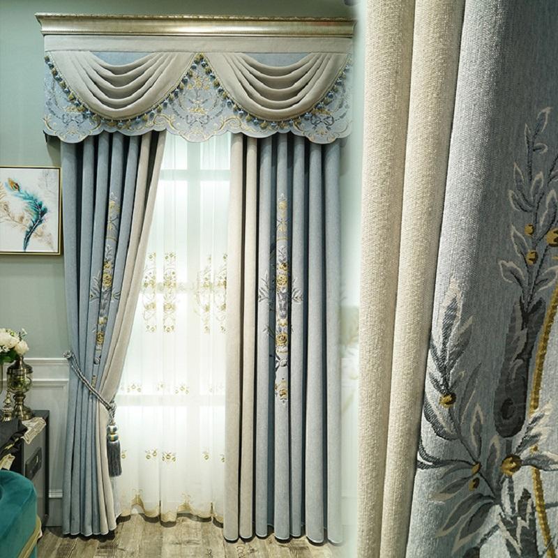 

New Chinese-Style Luxury Embroidered Curtains For Living Room Bedroom Coffee Stitching Blackout Curtain Fabric Finished M017#4, Tulle