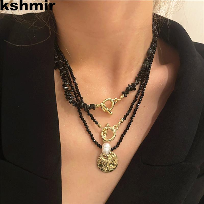 

Pendant Necklaces Accessories Multilayer Vintage Black Bead Necklace Beaded Chain Gold Metal Geometric Bohemian Trinket Gifts2022
