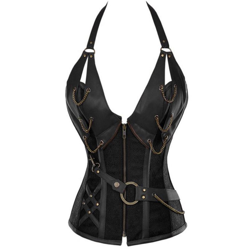 

New European and American court wear brown 4-steel punk leather corset with a belt and neck shapepiece, Silver