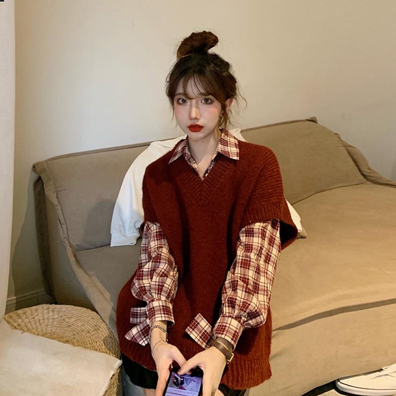 

2020 Autumn New Korean Style All-match Loose V-neck Knitted Vest Female Fashion Temperament Outer Wear Vest Ins, Plaid shirt 1pcs
