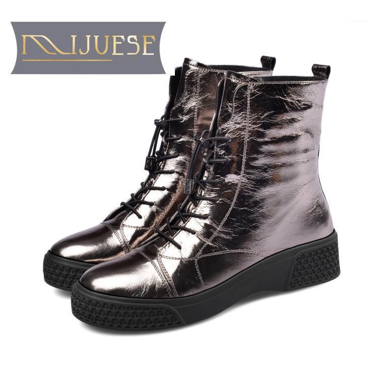 

MLJUESE 2020 women ankle boots cow leather winter short plush lace up round toe gun color female riding boots party dress1