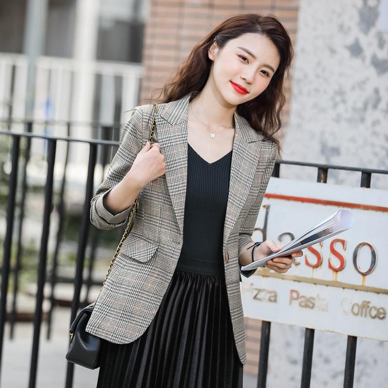 

L 2020 Autumn Long Sleeve Plaid Small Suit Coat Female Dress Fashion Elegant Slim, Gray lattice suit