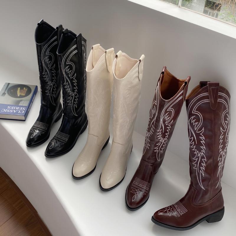 

MONMOIRA Geometric Embroider Western Cowboy Boots Women Sexy Pointed Toe Long Knee Boots Women Med Heel Patchwork Denim1, Brown