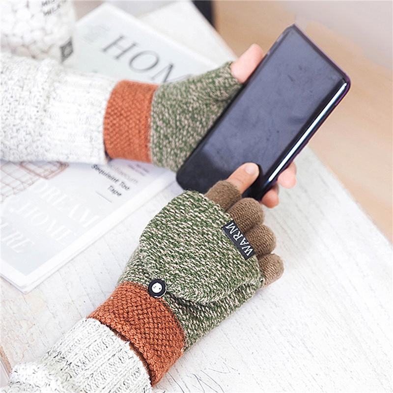 

1 Pair Winter Women Knitted Flip GloveFashion Patchwork Warm Woolen Flip Top Gloves Flocking Half Finger Gloves