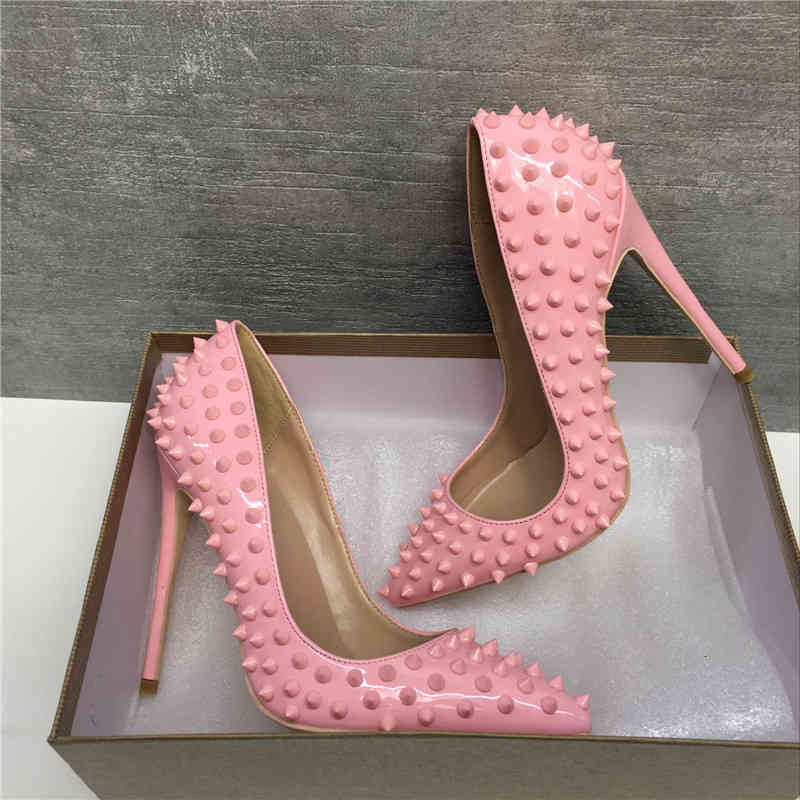 Chaussures Fashion Femmes Plus Taille 33 à Brillant Red Fond Doré Rivets d'or Spikes High Heel High High En Cuir Véritable Stiletto pointu