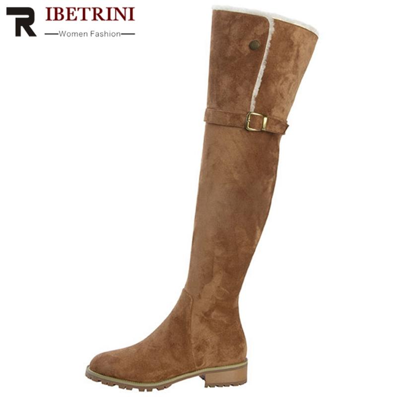 

RIBETRINI Kid Suede over-the-knee Women Snow Shoes Women Square Heel Zipper Boots Solid Fashion Buckle Boots, Black