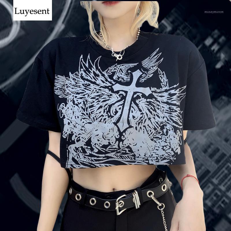 

Dark Harajuku Women Short Goth T-shirt 2020 Summer Lady Cool Cross Fashion Print O Neck Gothic Tshirt Basic Black White Gray Top1