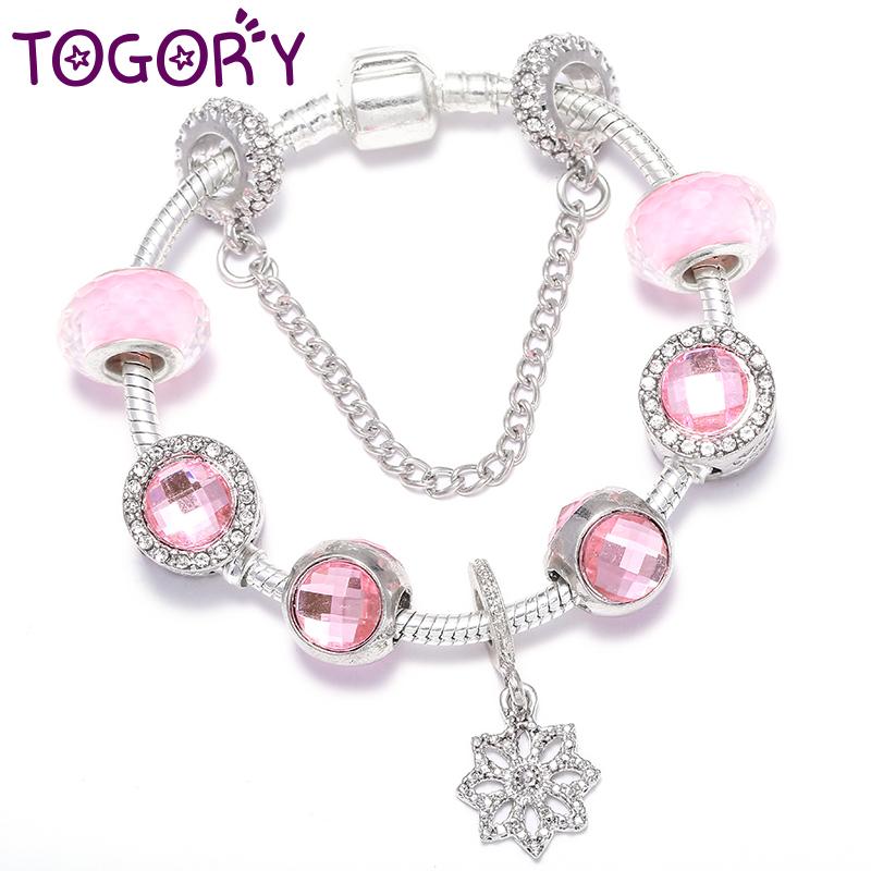

Pink Crystal & Class Beads Charm Bracelets Fits Original DIY Fine Bracelet Bangles For Women Lover Jewelry Gift Dropshipping
