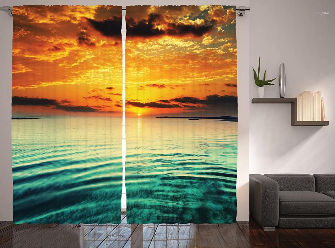 

Ocean Curtains Sunset at Bay Small Boat at a Distance Tranquil Sea Slightly Surges Image Living Room Bedroom Window Drapes1, As pic