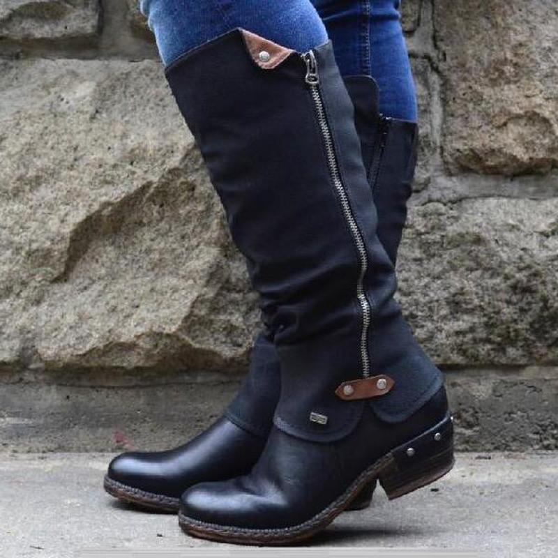 

Women 2020 Knee High Boots Low Heels Round Toe Autumn Warm Casual Shoes Woman Chaussure Zapatos Mujer Girls Vintage PU Booties, Black
