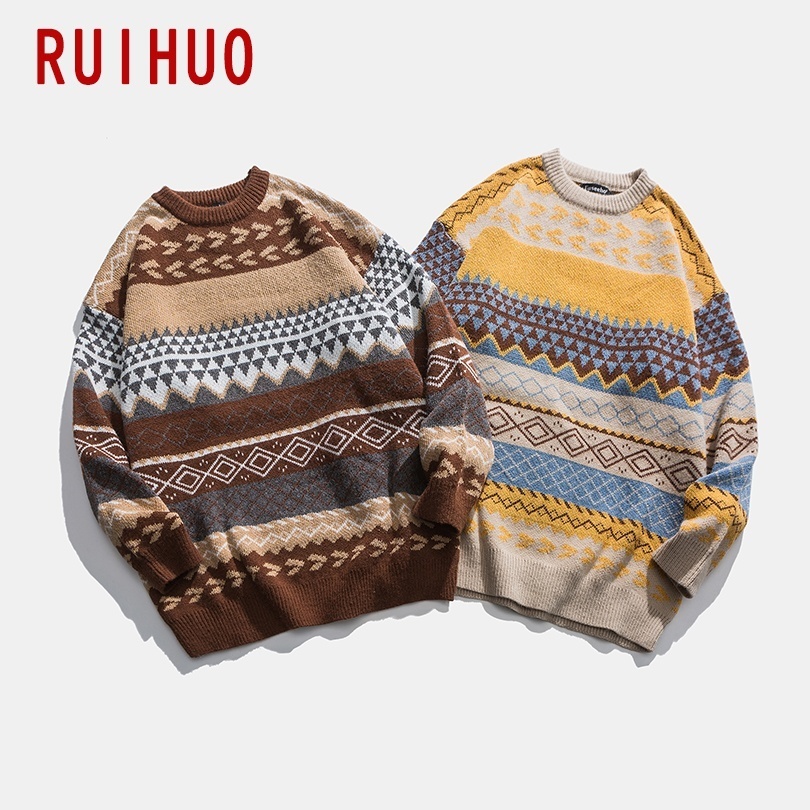 

RUIHUO Autumn Winter Vintage Striped Sweater Men Clothes Pullover Men Sweater Jumper Men's Sweater Knit -2XL 201201, Yellow