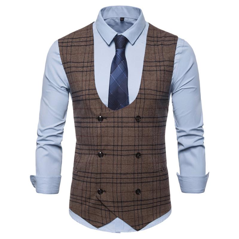

Waistcoat retro gentleman double-breasted check men' suit vest men' business casual work suit vest fashion slim fit, Brown
