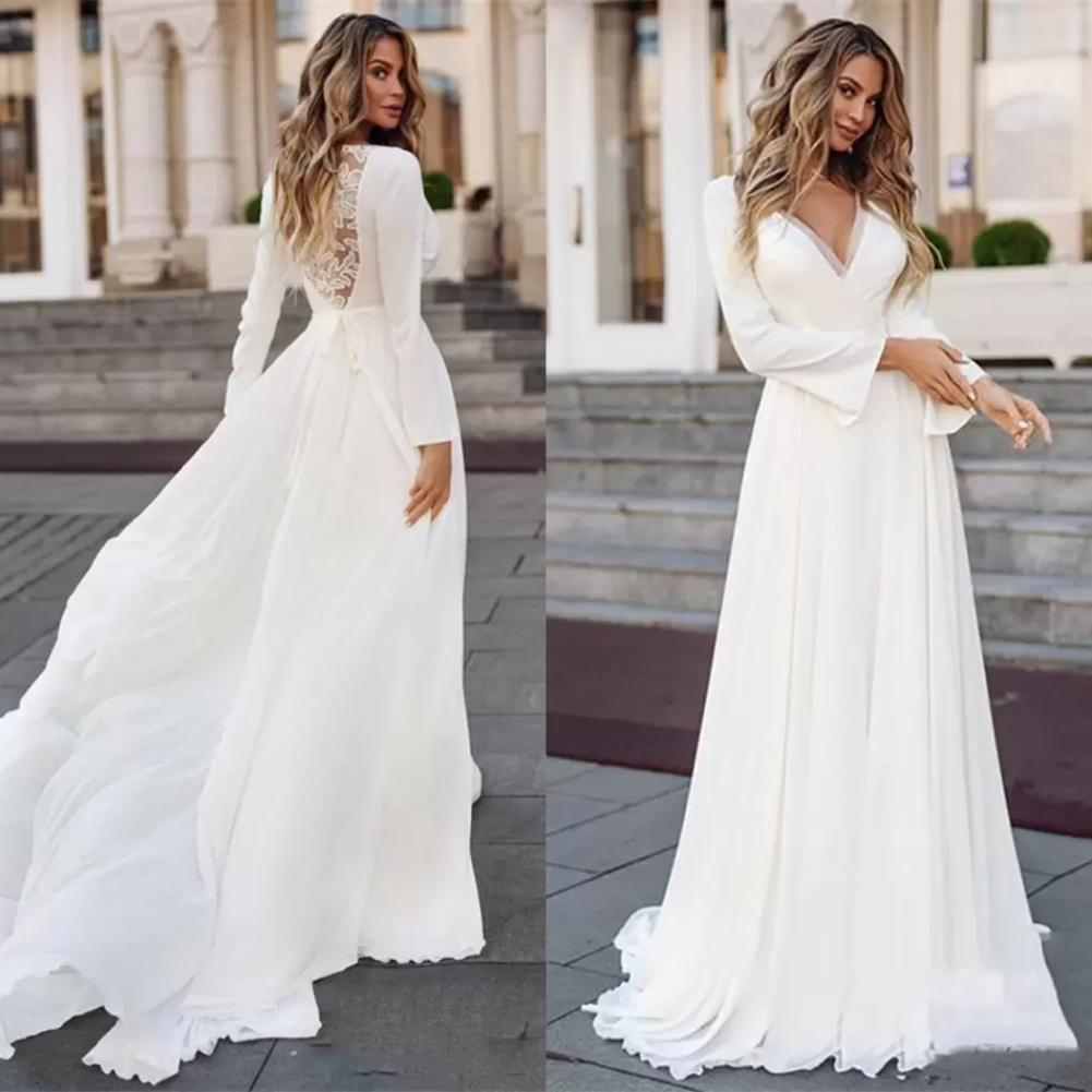 

New Year's Wedding Dresses Long Sleeve Boho 2022 Illusion Lace Back Simple V-Neck Appliques Bridal Gown Sashes Vintage Bohemian, White