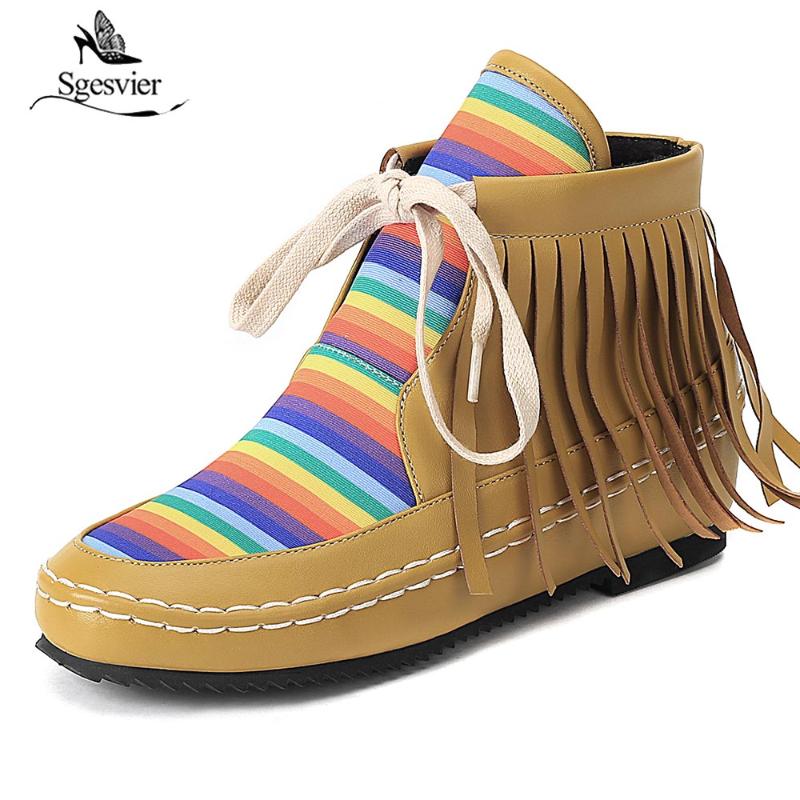

Sgesvier Women Bohemian Boots Autumn Winter Tassel Botas Fashion Women's Ankle boot Large Size 30-48 Footwear Boots OX743, Apricot