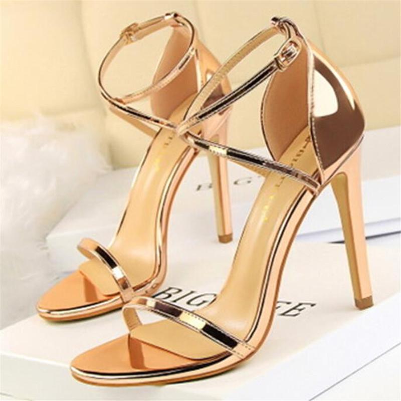 

Summer 2021 Concise PU Women Open Toed Heeled Sandals Ankle Buckle Strap Thin High Heels Sexy Gold Silver Party Shoes Stilettos, Gold 8cm