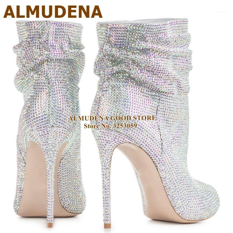 

ALMUDENA Shining Crystal Short Boots Open Toe Luxurious Bling Bling Wedding Pumps Stiletto Heels Pleated Banquet Shoes Booties1, Gold