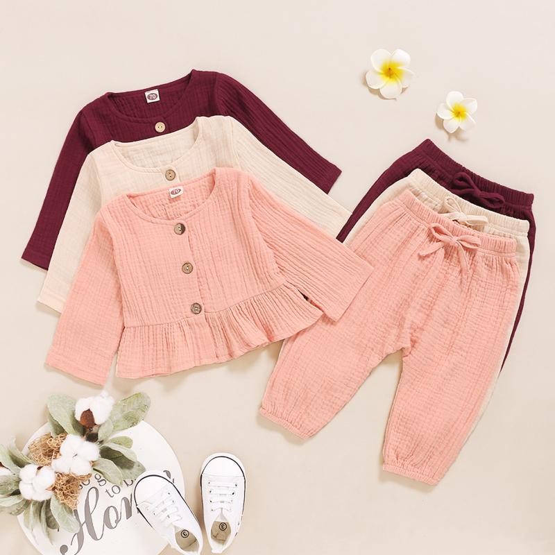 

Newborn Baby Girls Clothes Infant Girl Set Solid Button Linen Tops+Solid Pants Outfits 6 12 18 24 Months vetement fille, Beige