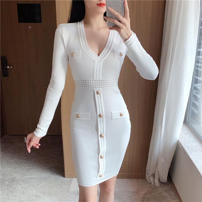 

2020 new style sexy V-neck tight-fitting and thin hip knitted dress 1018, Black