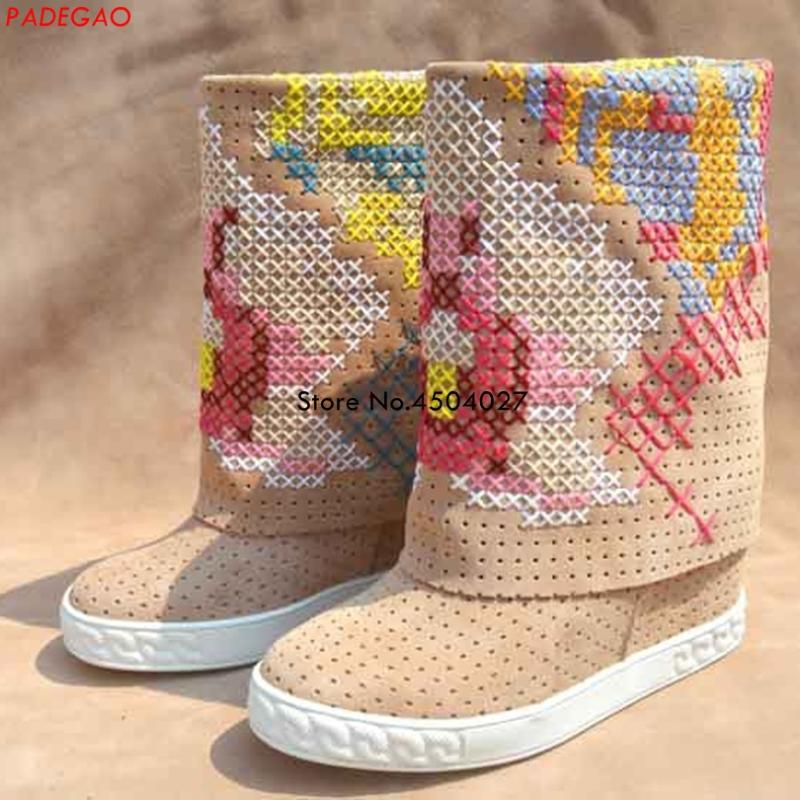 

Spring Autumn Women's Boots Embroidery Slip-on Boots For Female Ladies Height Increasing Flat Shoes Women Knee High, As picture