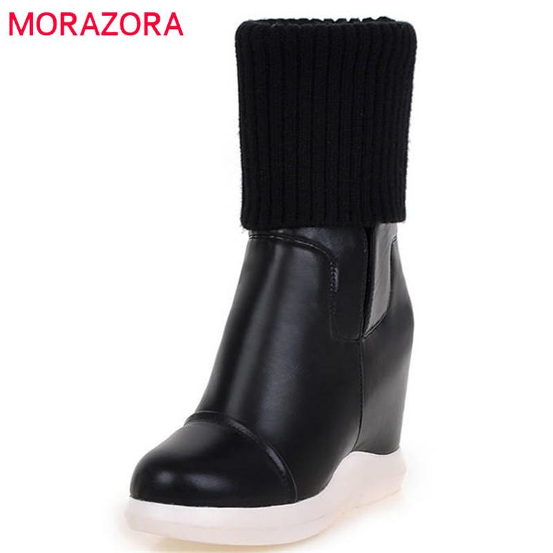 

MORAZORA 2020 new style round toe mid calf boots women slip on Stretch boots comfortable wedges shoes woman autumn winter, Beige