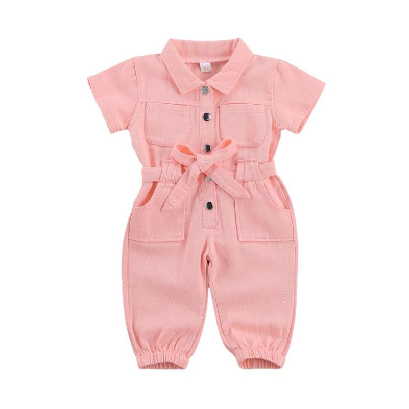 

Fashion Girls Kids Jumpsuit Jeans One Piece Toddler Standing Collar Pocket Short Sleeve Romper Playsuit Outfit 2-6Y, Pink