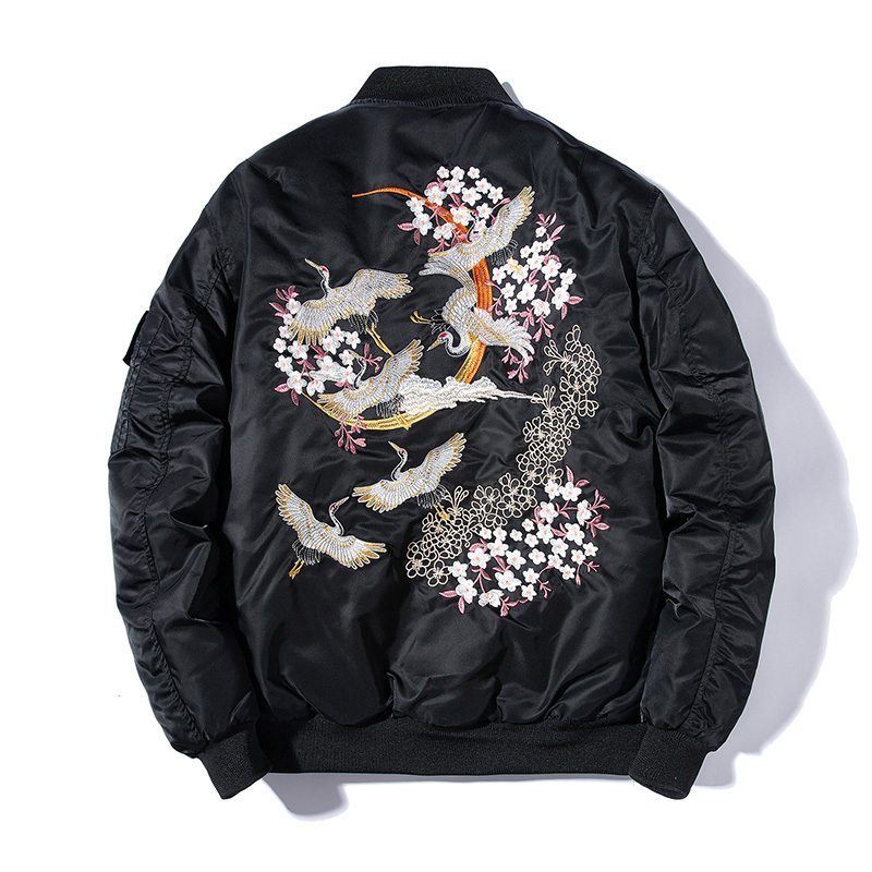 

2021 New Embroidery Male Thin Floral Bird Japan Harajuku Baseball Jacket Spring Streetwear Tekn TEKN, Armygreen