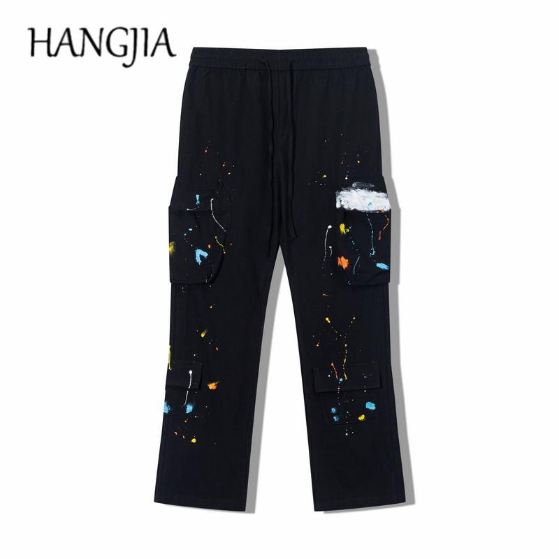 

High Street Cargo Flare Pant Hip Hop Handmade Ink Wide Leg Cargo Pants Harajuku Multi-pocket Loose Casual Trousers Men, Black