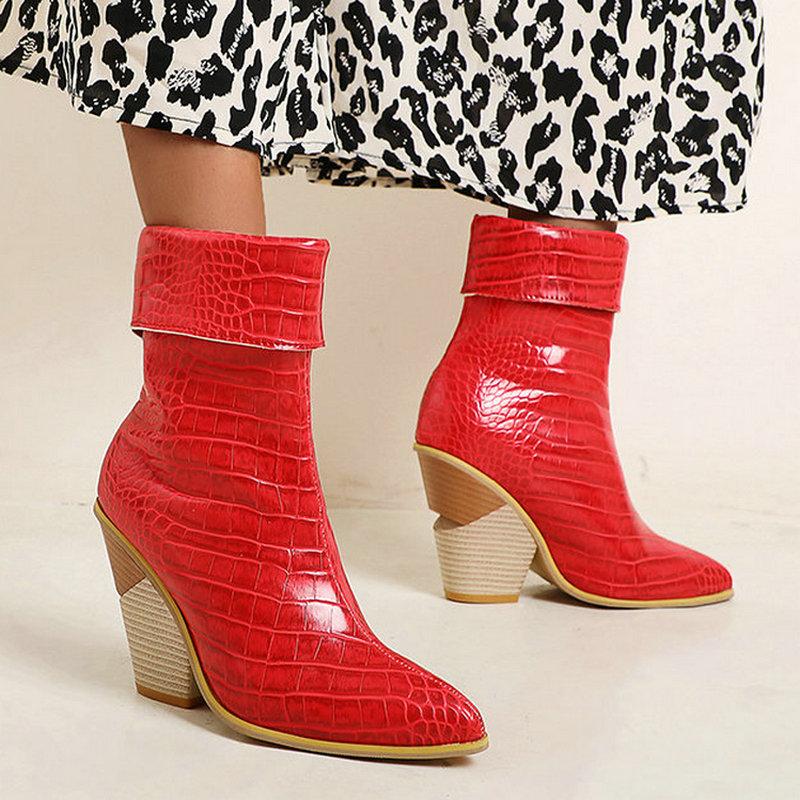 

Snake Black Red Faux Leather Cowboy Ankle Boots for Women Wedge High Heel Boots Snake Print Western Cowgirl 2020