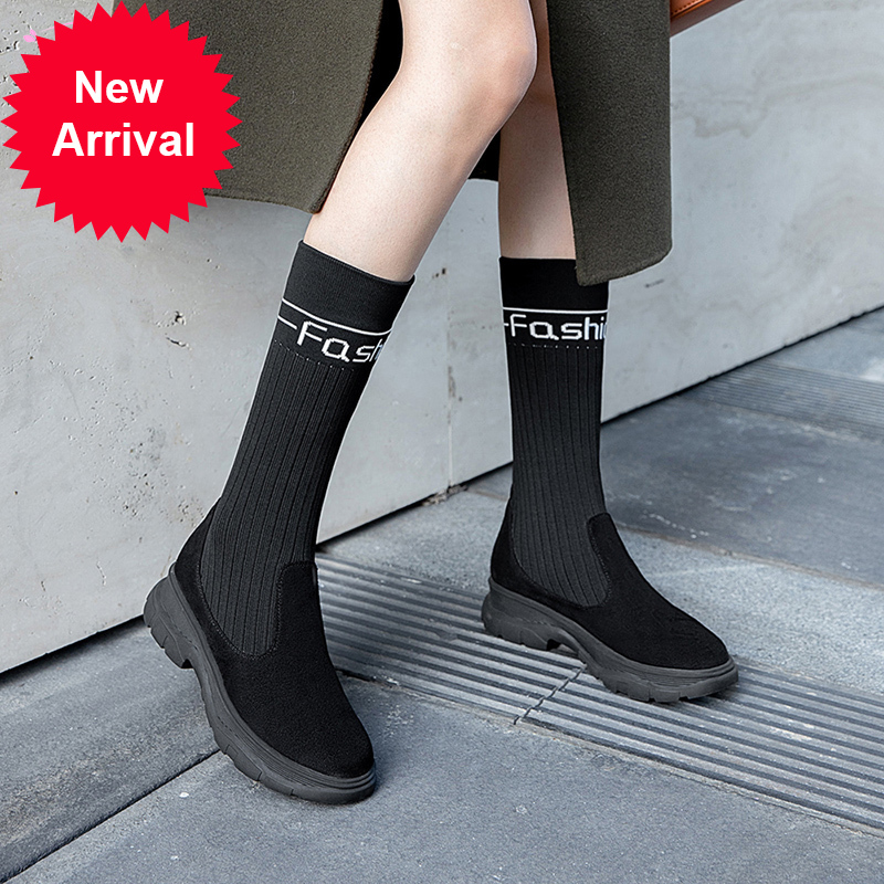 

2021 The New Street Style Round Head Mid-calf on the Knee Strain Knitting Platform Heel Mean Riding Boots Feminine Shoes 1898, Black knee-high