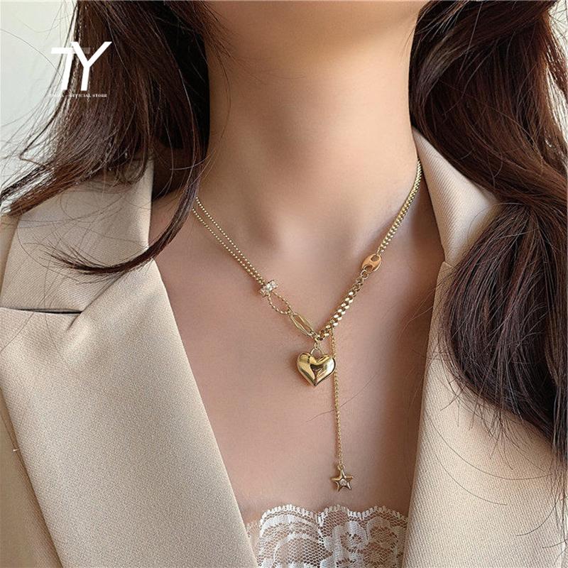 

Pendant Necklaces French Retro Temperament Peach Heart Star Gold Necklace For Woman 2021 Korean Fashion Jewelry Party Girl's Sexy Clavicle C, Silver