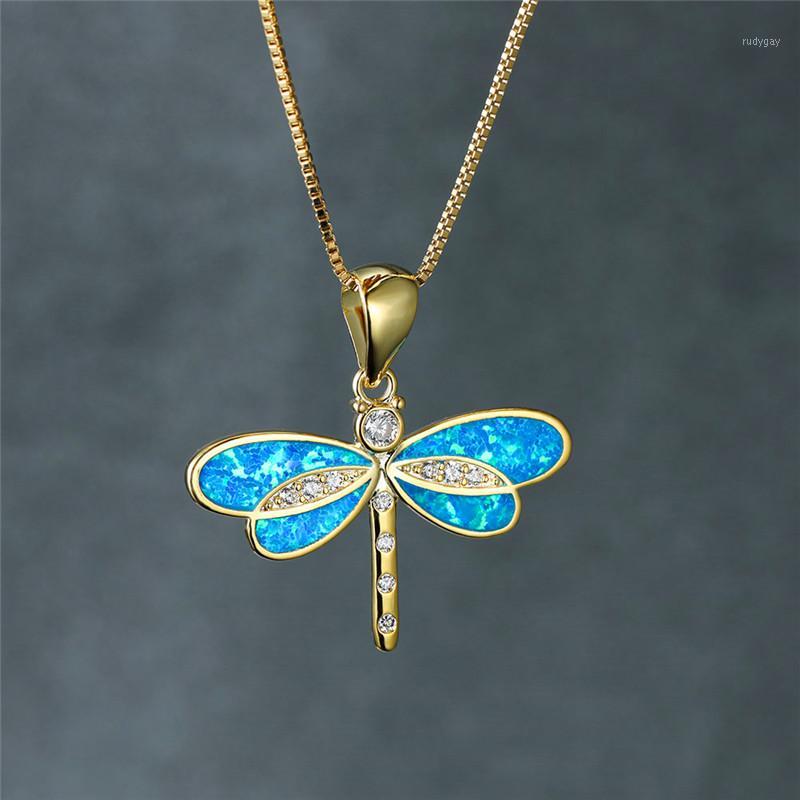 

Female White Blue Opal Pendant Necklace Charm Crystal Animal Chain Necklaces For Women Cute Gold Dragonfly Wedding Necklace1