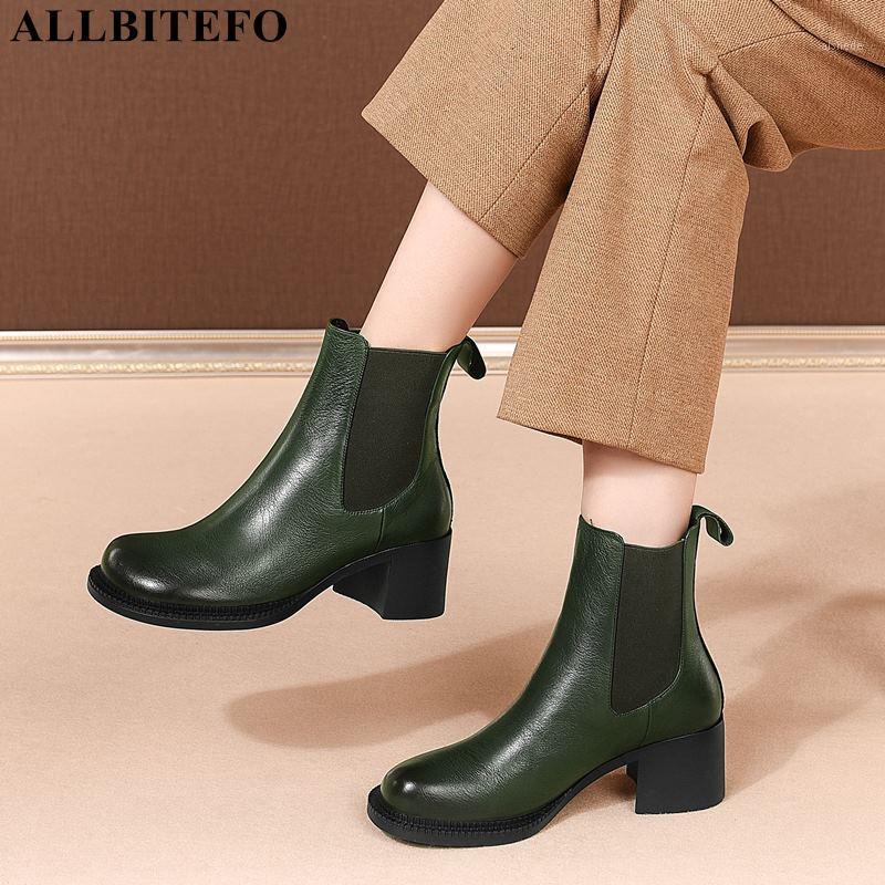 

ALLBITEFO new winter genuine leather brand high heels party women boots thick heels ankle boots for woemn snow girls shoes1, Plush inside