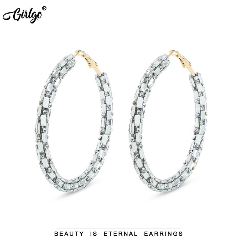 

Girlgo Silver Color Round Crystal Hoop Earrings for Women Bijoux Geometric Rhinestones Earrings Statement Jewelry Party Gifts