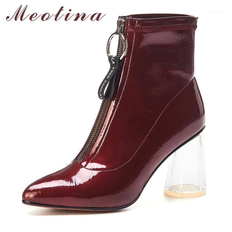 

Meotina Winter Ankle Boots Women Natural Genuine Leather Zip Round Heel Short Boots Transparent Super High Heel Shoes Lady 34-391, Black synthetic lini
