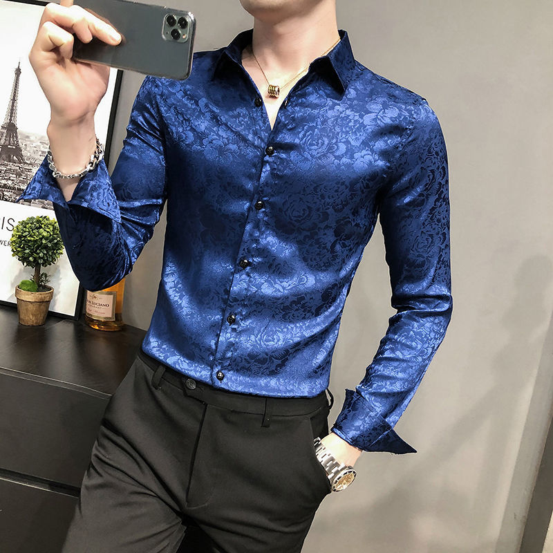 

2020 Men's Retro Luxury Shirts Sleeve Long Casual Streetwear Thin Fit Social Party Shirt 6ec3, Black dark rose.