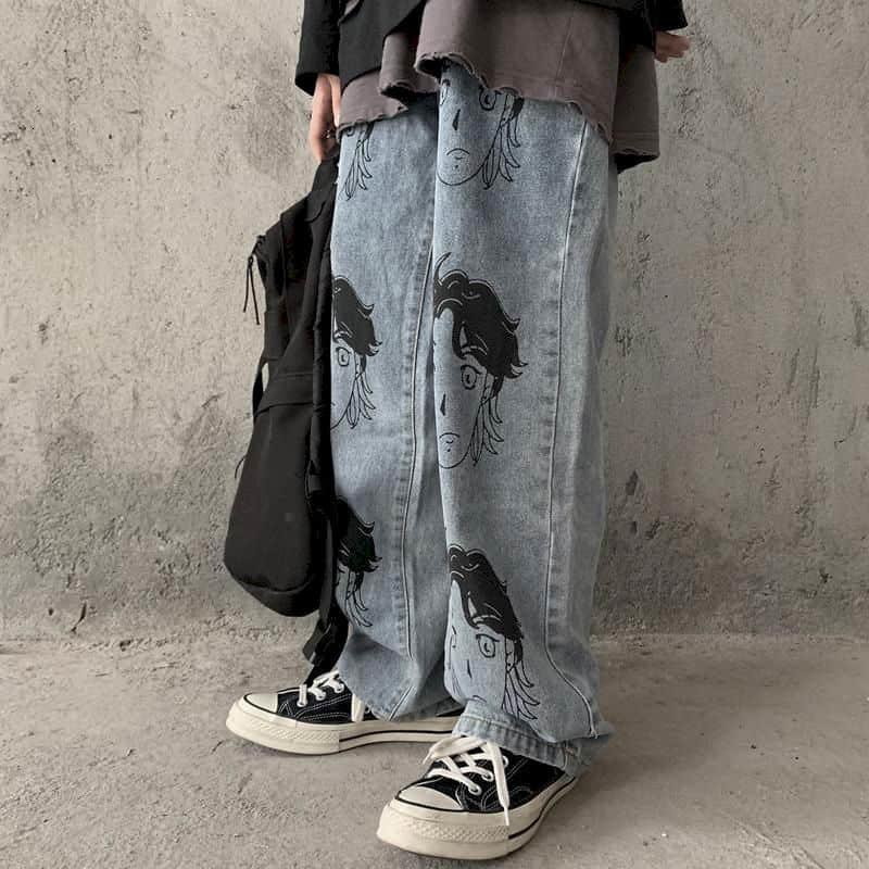 

2021 New South Korea Jeans Women Pants Ins Retro Homemade High Street Hip-hop Head Print Loose Wide-leg Jean Men Long Pant Couple Trend F2f6, Blue