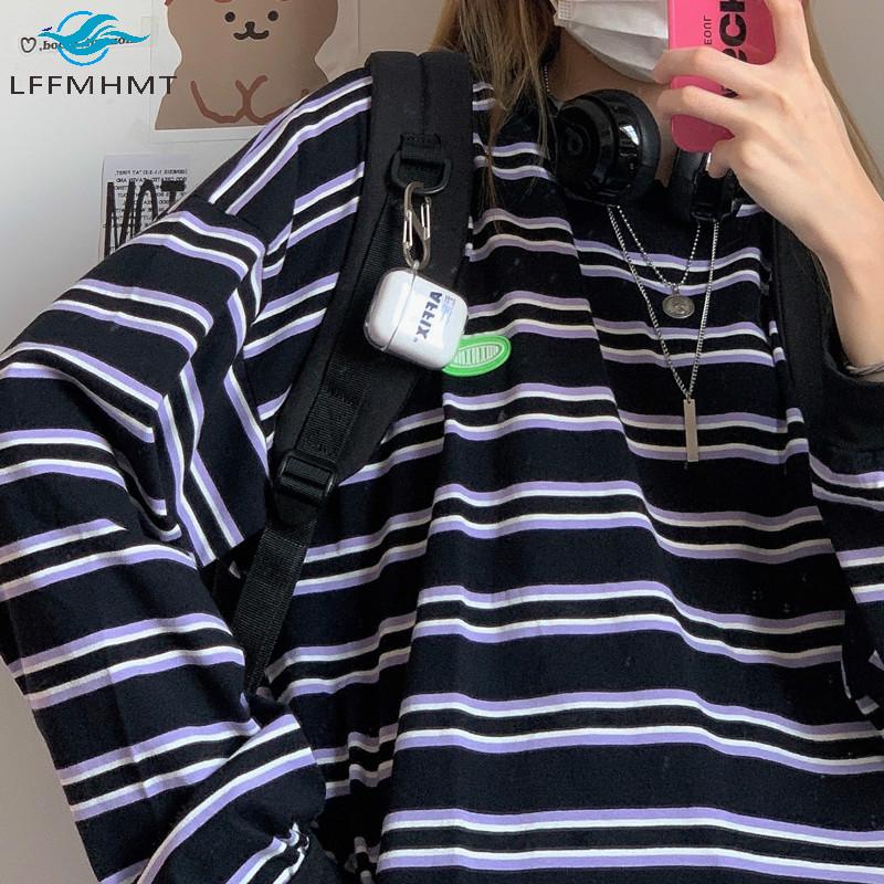 

Women Autumn Fashion Long Sleeve Striped Sweatshirt Student Casual Loose Vintage Pullover Tops Female Oversize Trendy Streetwear, Black