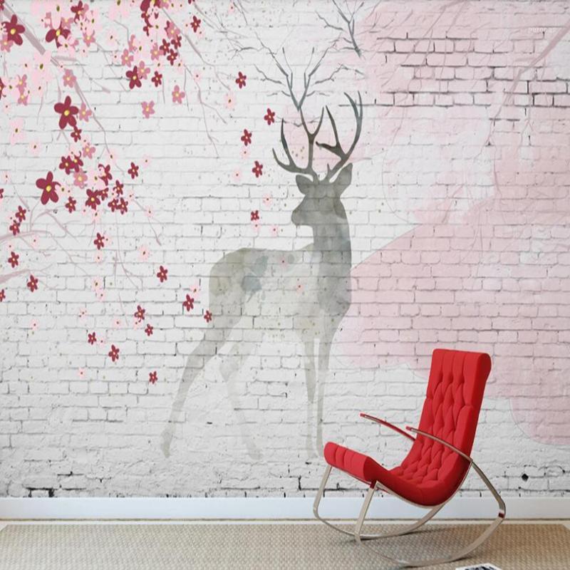

Drop Shipping Custom 3D Wallpaper Mural Modern Minimalist Brick Wall Elk Hand Painted Plum Wall Decoration Mural Wallpaper1, As pic