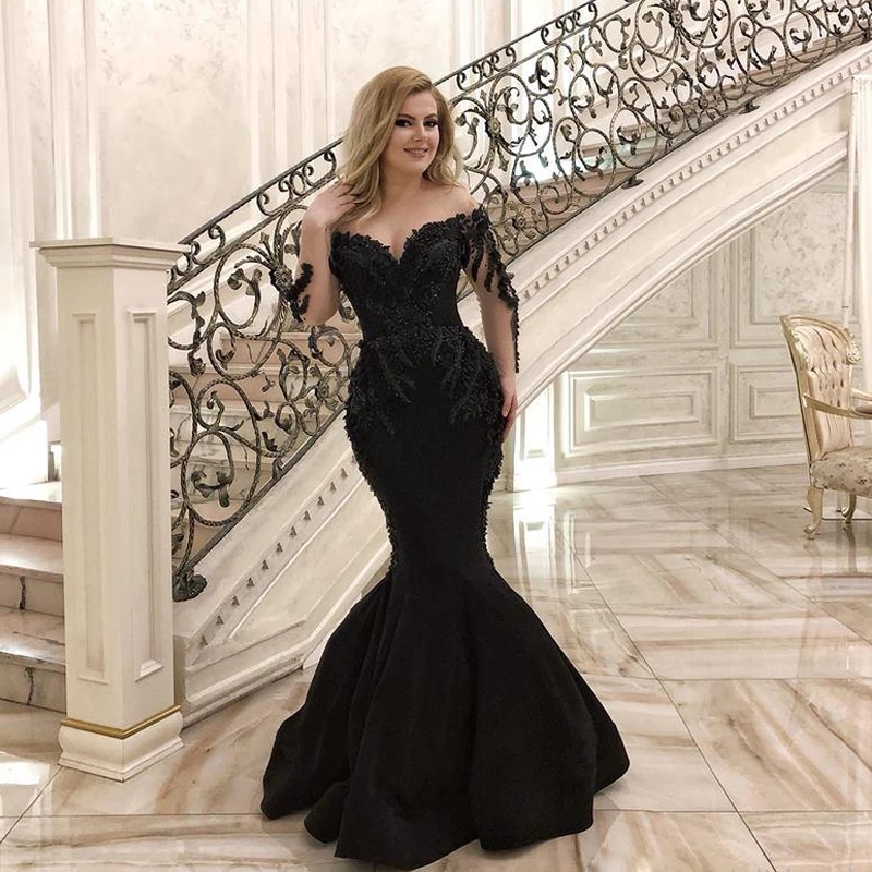 

Sexy Black Mermaid Long Sleeves Evening Dresses 2021 Beaded Saudi Arabic Sheer Neck Satin Long Prom Gowns Floor Length Formal Party Dress, Black;red